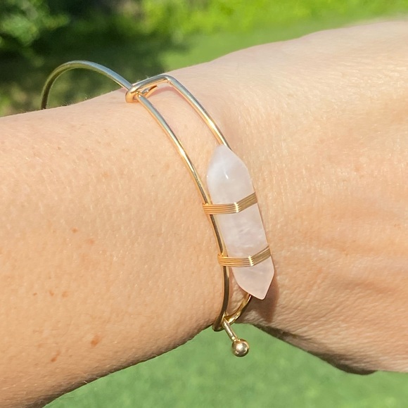 Genuine Rose Quartz hexagon gold tone bracelet - Picture 5 of 13